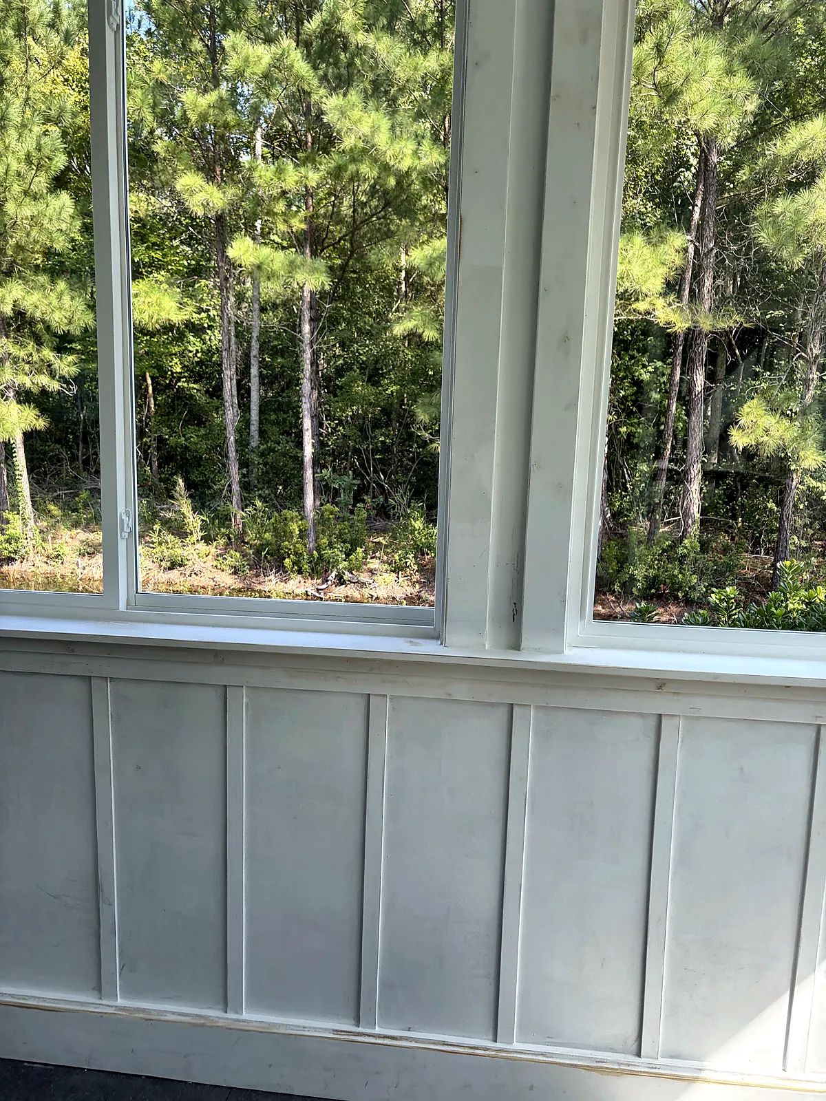 Sunroom corner with wooded view and white wainscot