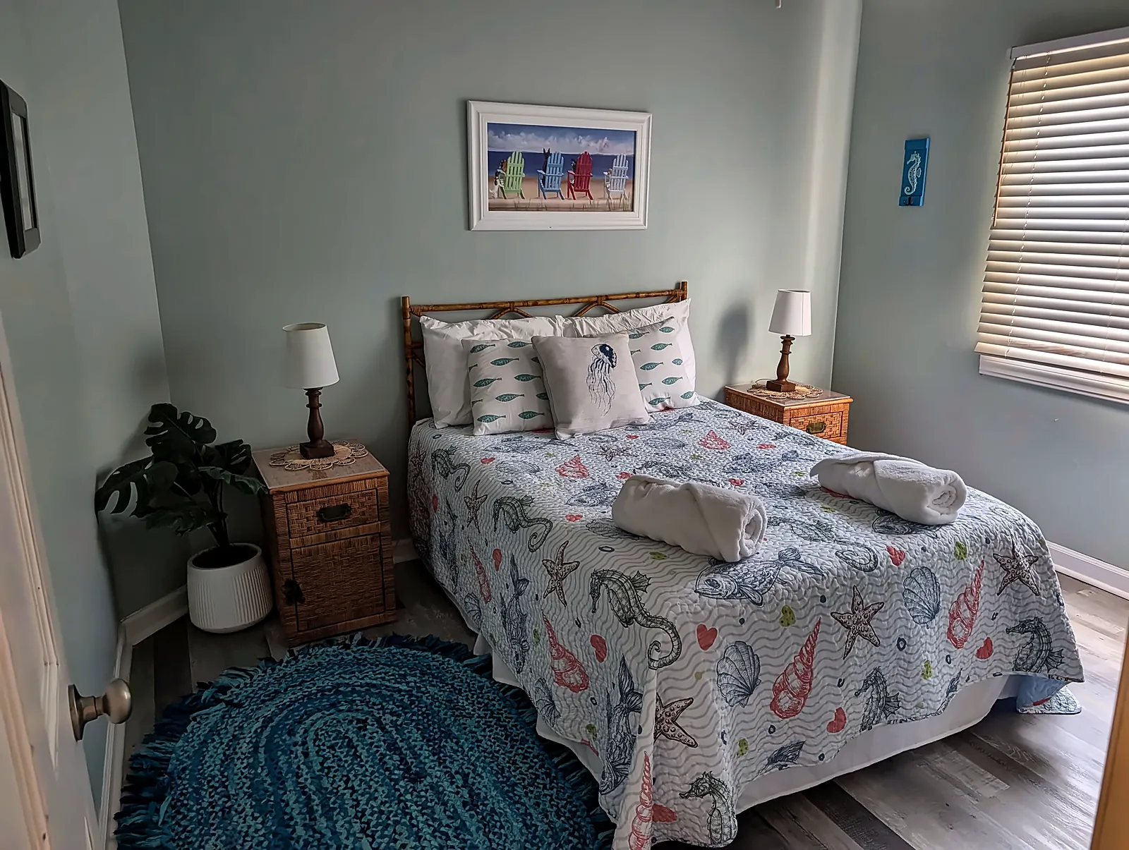 Condo bedroom with coastal decor