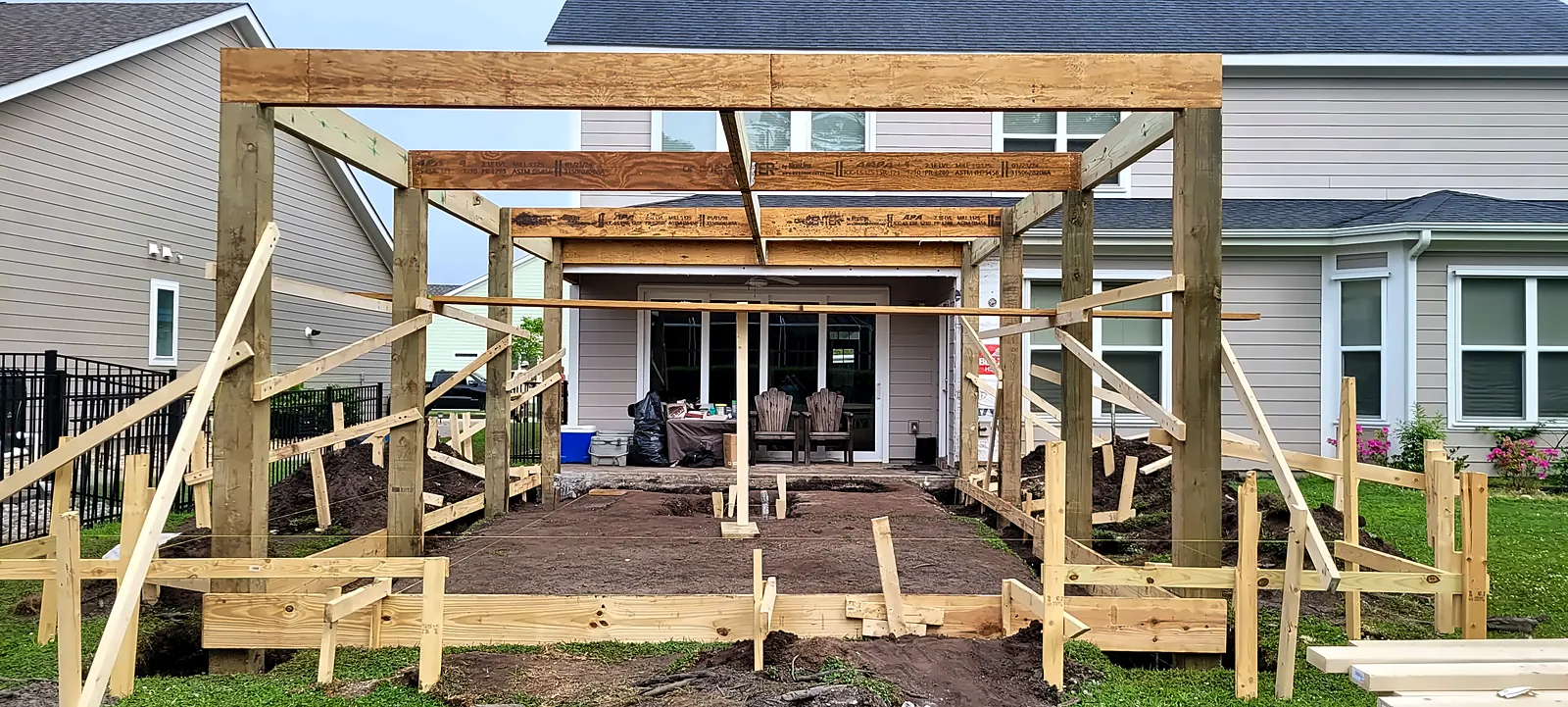 Timber patio roof framing during construction