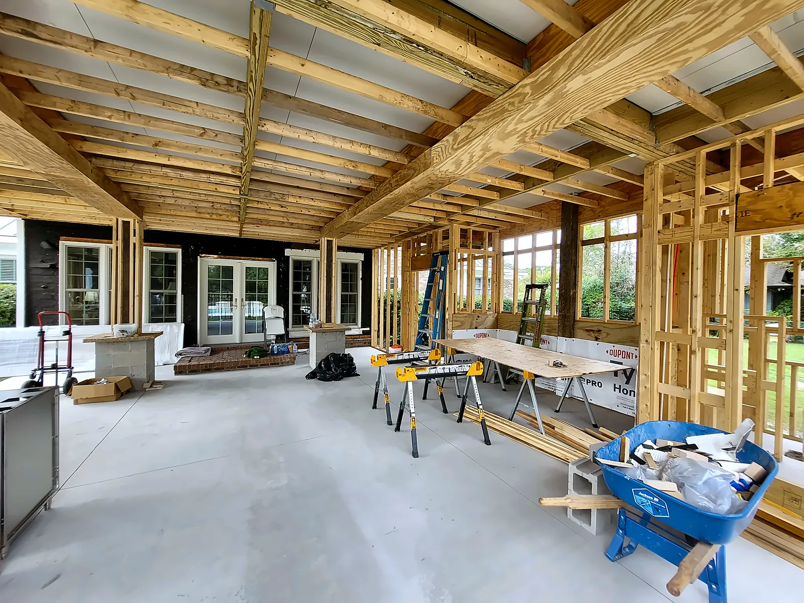 Heavy timber framing of the pavilion roof during construction