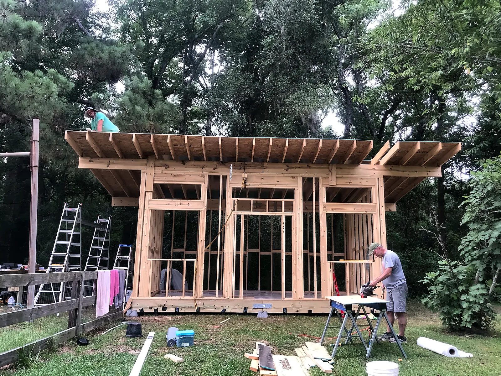 Backyard studio framing and roof structure during construction